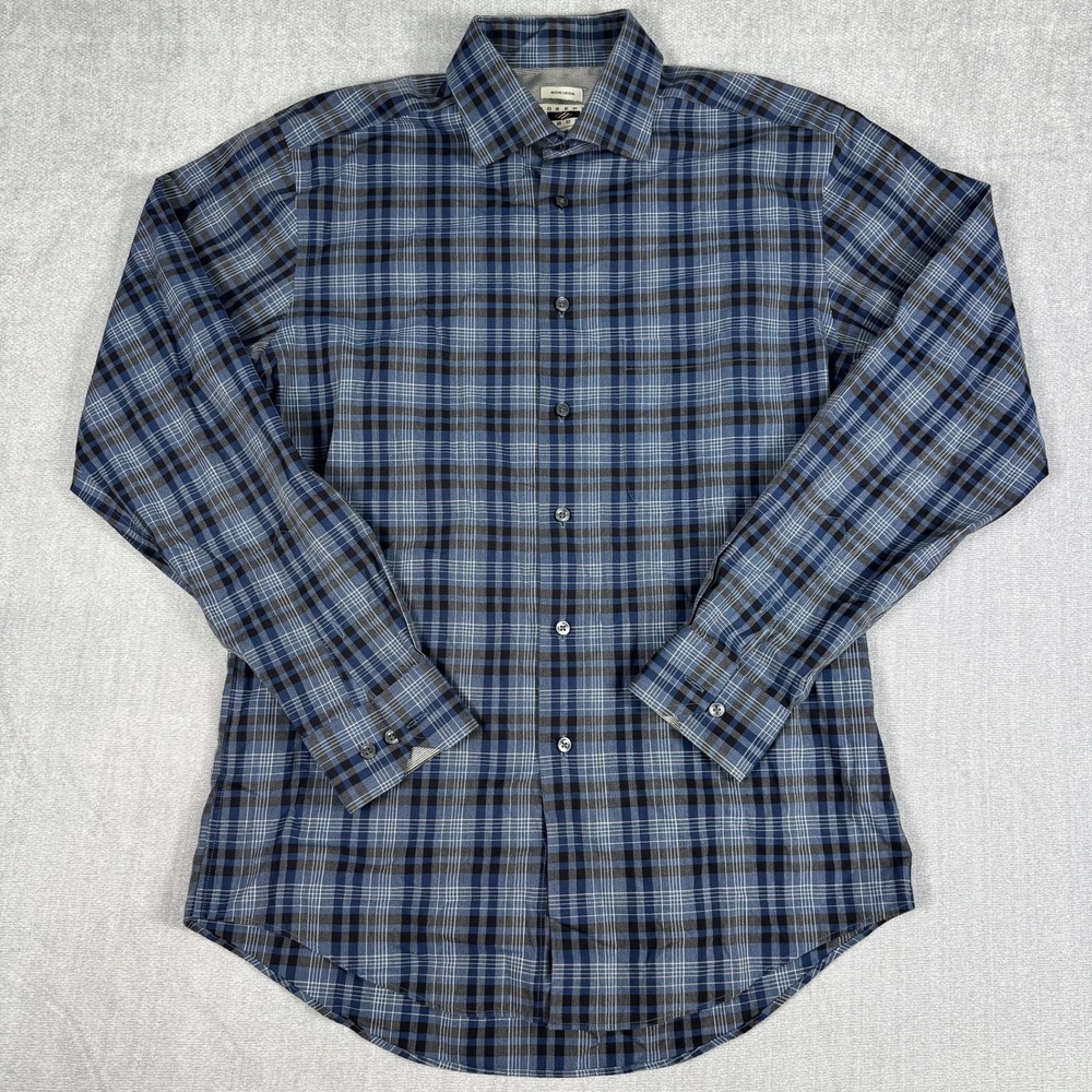 Joseph Abboud Non-Iron‎ Plaid Spread Collar Button Down Shirt Mens M Blue Cotton
